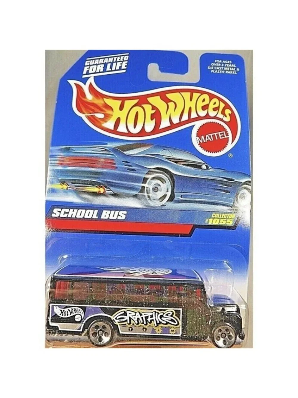Vintage Die Cast Hot Wheels 1999 SCHOOL BUS #1055 Black Graphics 5 Hole Mattel
